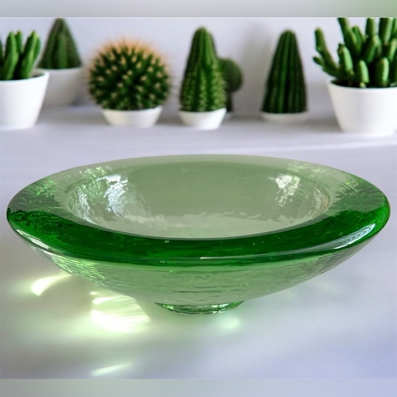 Fire & Light • 10.5” Wide Lipped Footed Bowl Centerpiece Green Recycled Glass - Picture 8 of 8